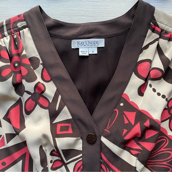 Kay Unger Silk Vintage c 2005 Brown and Red Floral pleated Dress Size 6 - Picture 5 of 6
